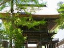 霊松寺本堂前に設けられた重厚な茅葺屋根の山門（楼門）
